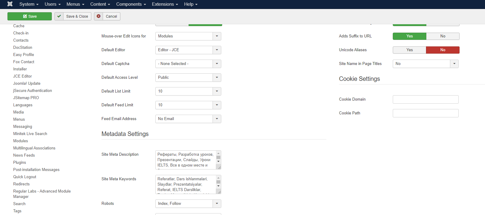 metadatos de joomla